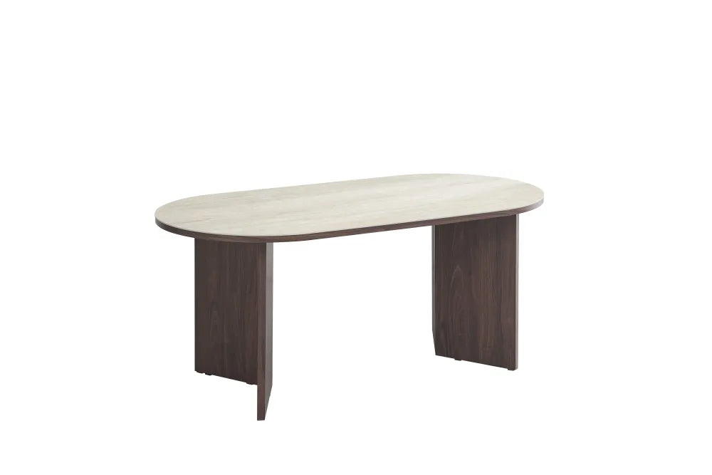 Table à manger Page Pied Mdf Effet Noyer Plateau Céramique Travertin 180X90X75Cm