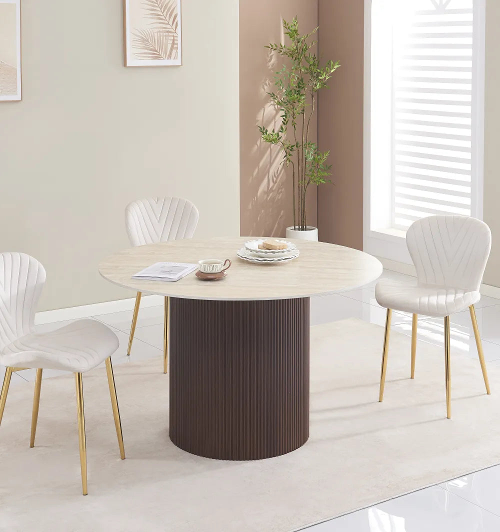 Table à manger Ronde Baietaa Pied Effet Noyer Plateau Céramique Travertin Mat 120Cm