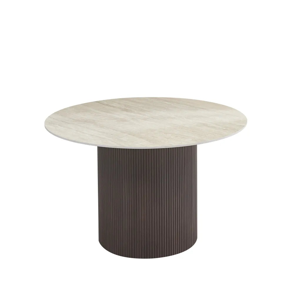 Table à manger Ronde Baietaa Pied Effet Noyer Plateau Céramique Travertin Mat 120Cm