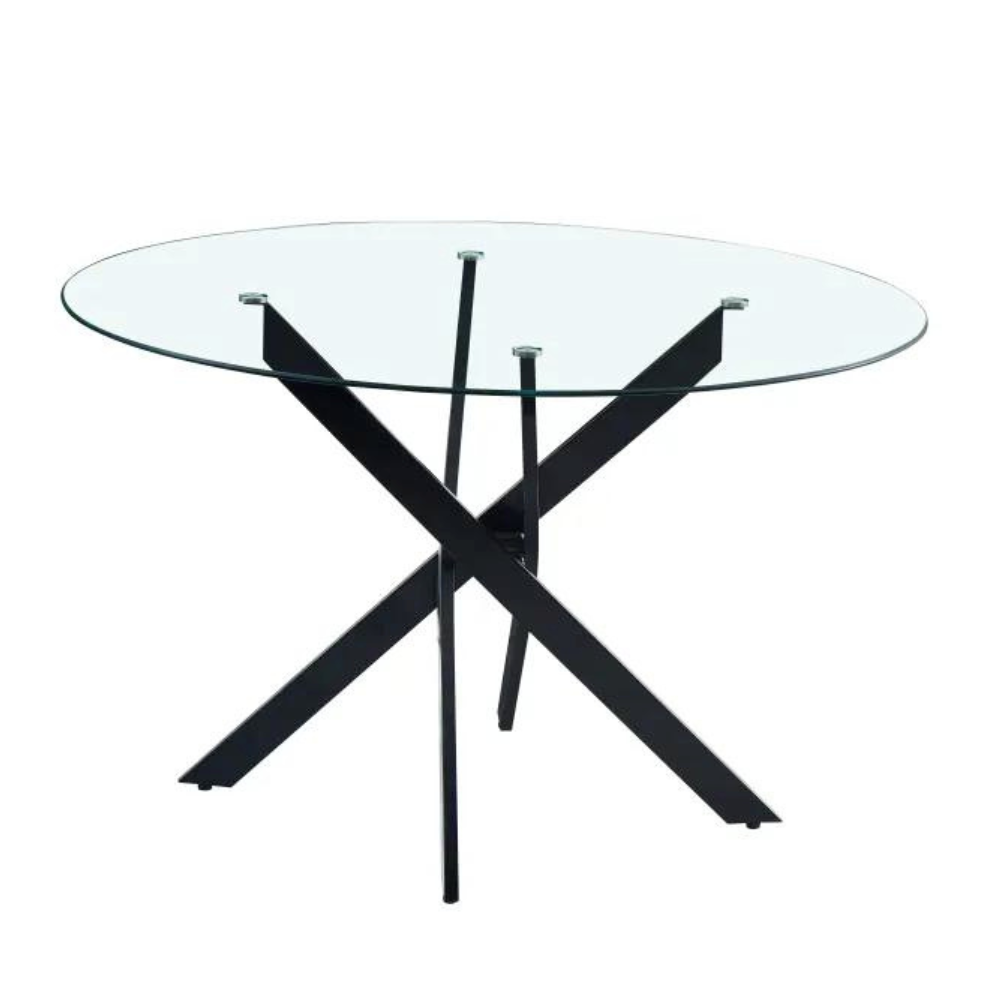 table à manger ronde en métal noir avec plateau en verre