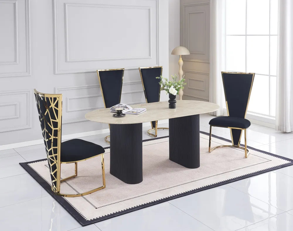 Table à manger Roxy Pied métal Noir Plateau Céramique Travertin 180X90Cm