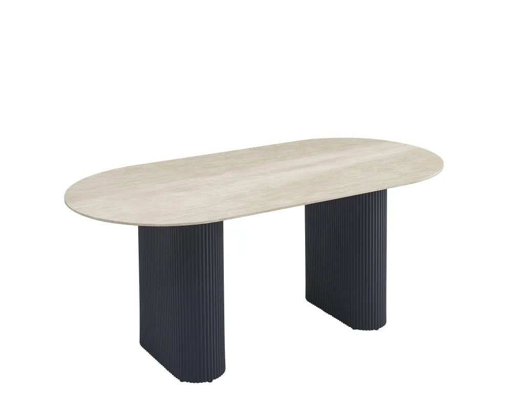 Table à manger Roxy Pied métal Noir Plateau Céramique Travertin 180X90Cm