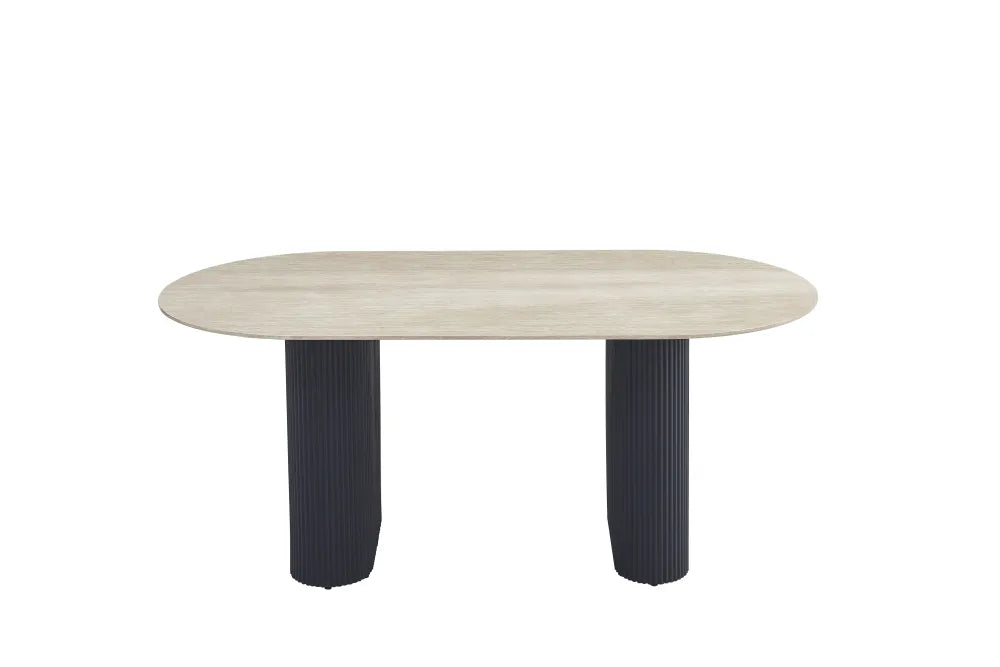 Table à manger Roxy Pied métal Noir Plateau Céramique Travertin 180X90Cm