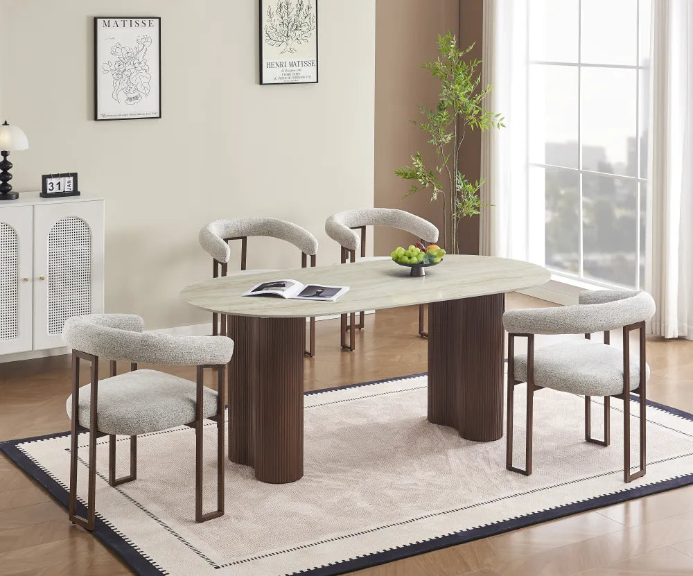 Table à manger Venezia Pied métal Effet Noyer Céramique Travertin Brillant 180X90X75Cm