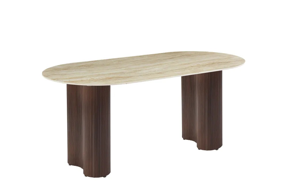 Table à manger Venezia Pied métal Effet Noyer Céramique Travertin Brillant 180X90X75Cm