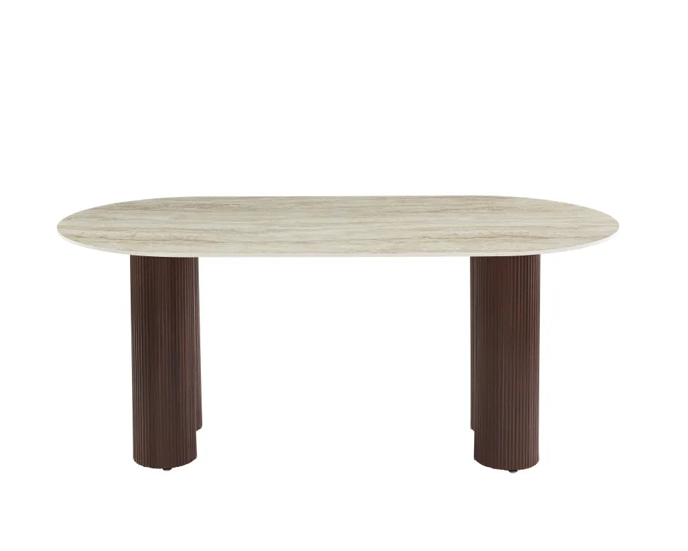 Table à manger Venezia Pied métal Effet Noyer Céramique Travertin Brillant 180X90X75Cm