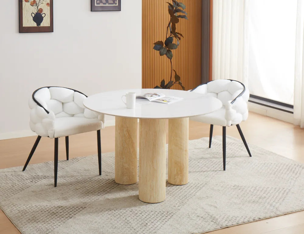 Table Repas Anaïs Pieds métal Travertin Plateau Céramique Marbre Blanc 120 Cm