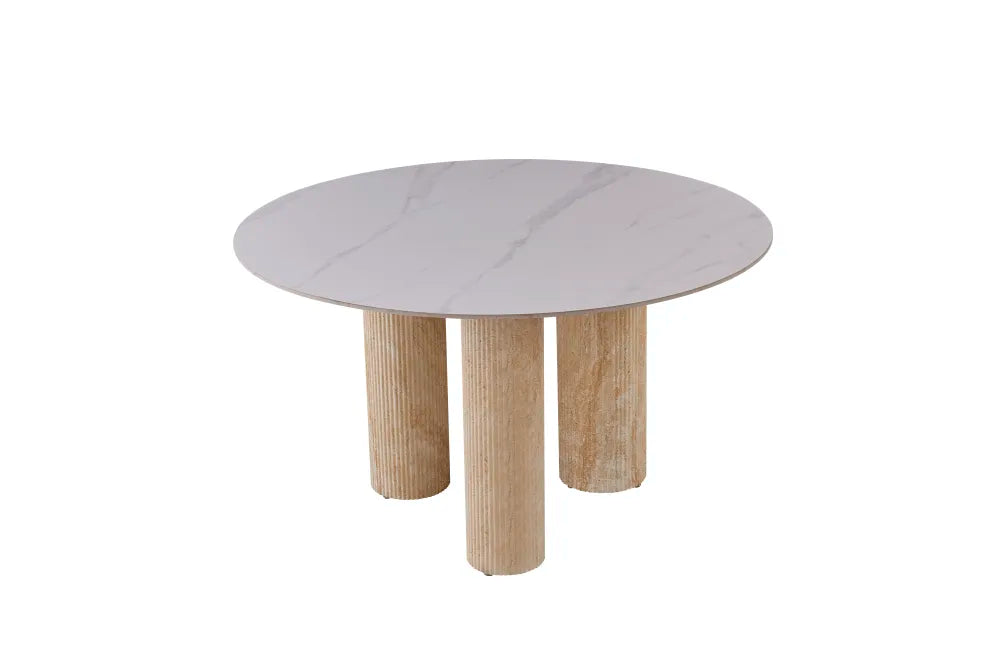 Table Repas Anaïs Pieds métal Travertin Plateau Céramique Marbre Blanc 120 Cm