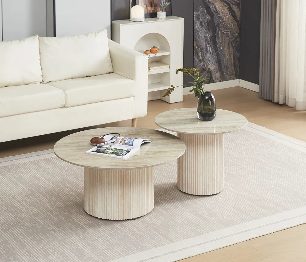 Table Basse Baieta Pied Travertin Plateau Céramique Travertin Brillant 80+60Cm