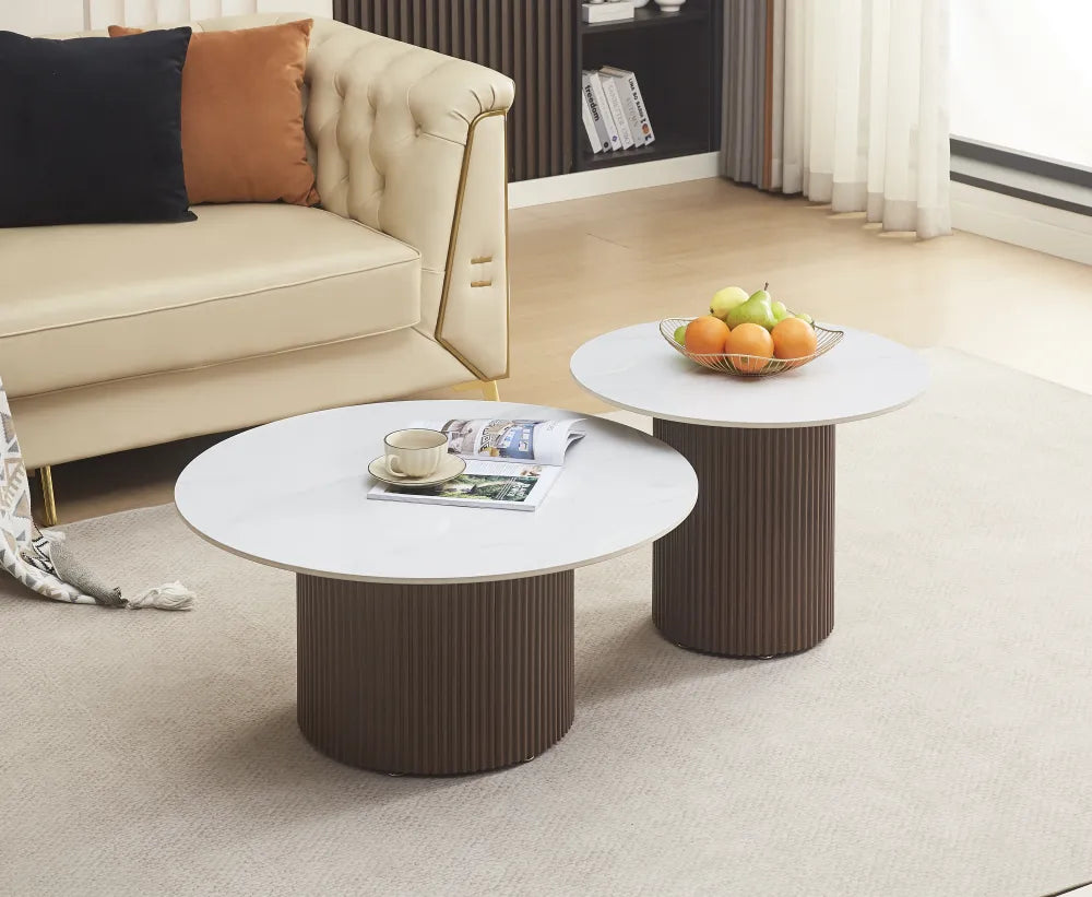 Table Basse Baieta Pied Effet Noyer Plateau Céramique Marbre Blanc 80+60Cm