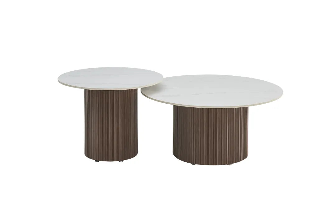 Table Basse Baieta Pied Effet Noyer Plateau Céramique Marbre Blanc 80+60Cm