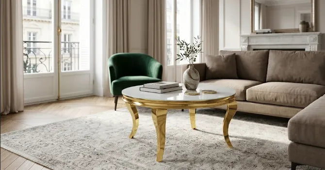 Table Basse Baroque Ronde doré Verre Ultra Blanc 80X45Cm