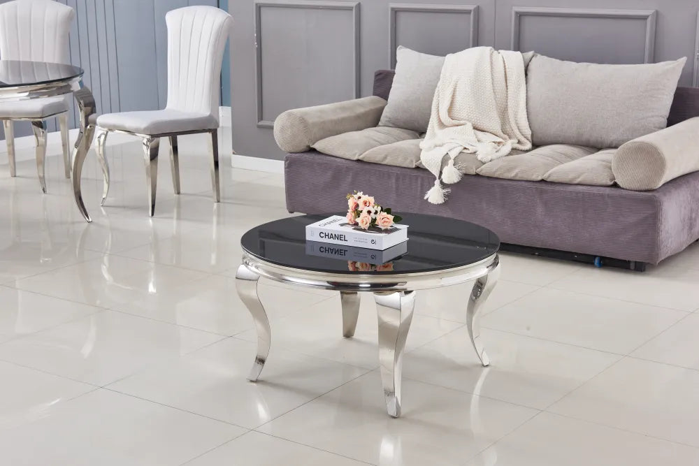 Table Basse Baroque Ronde chromé Noir 80X45 Cm