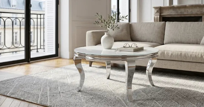 Table Basse Baroque Ronde chromé Verre Ultra Blanc 80X45Cm