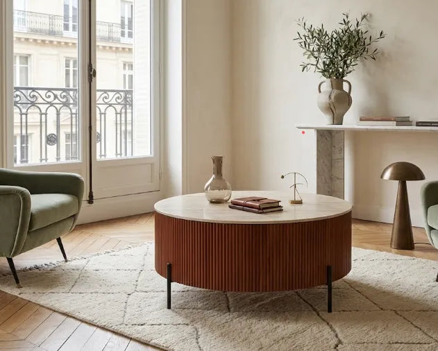 Table Basse Ruby Pied Effet Noisette Céramique Effet Travertin Mat 90Cm