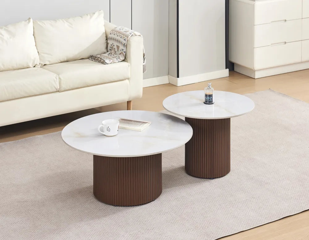 Table Basse Duo Baieta Pieds Effet Noyer Plateau Céramique Moka 80+60