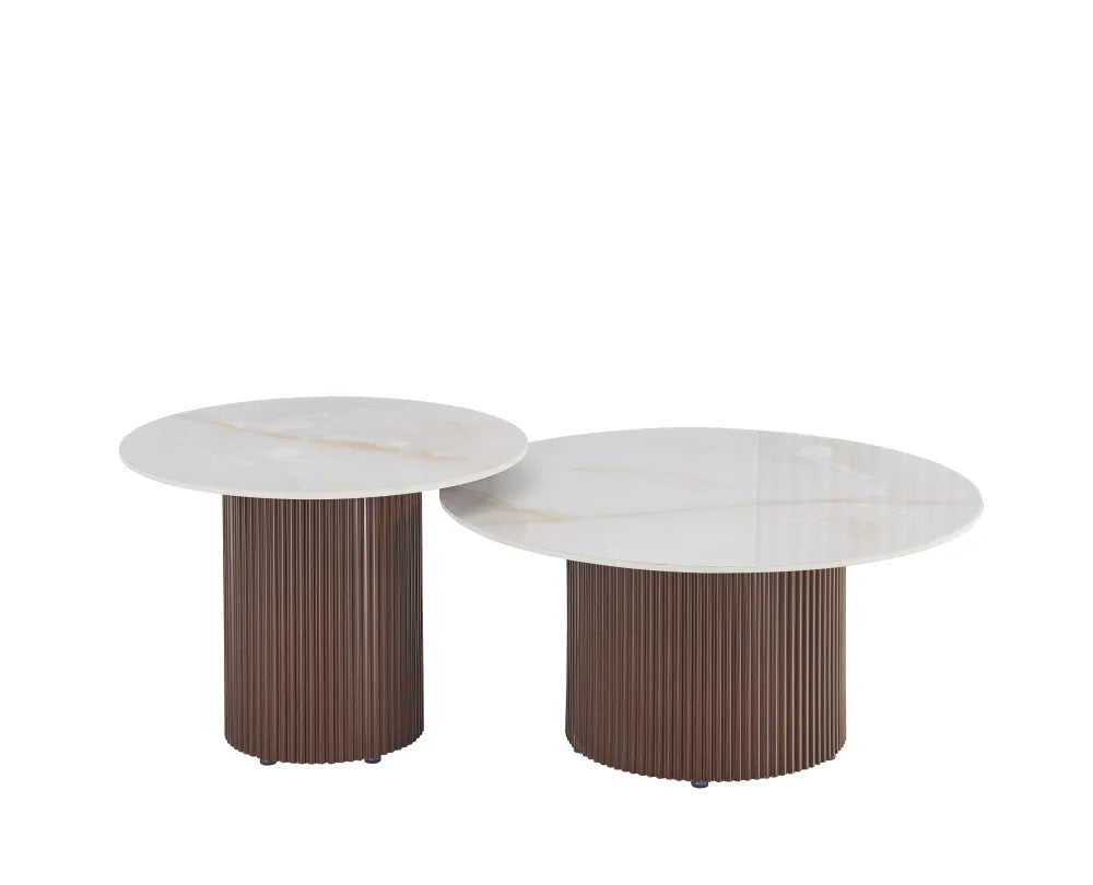 Table Basse Duo Baieta Pieds Effet Noyer Plateau Céramique Moka 80+60