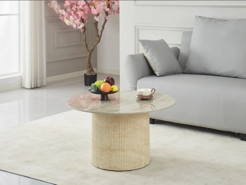 Table Basse Famous Pied Travertin Plateau Ceramiue Travertin Brillant 80Cm