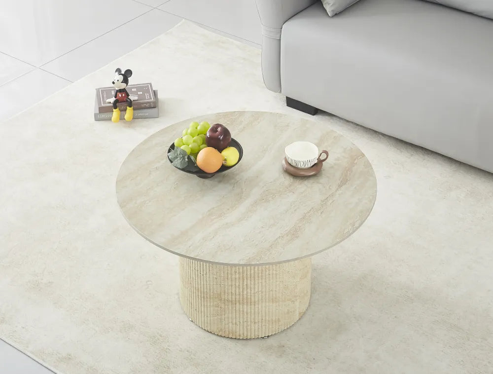 Table Basse Famous Pied Travertin Plateau Ceramiue Travertin Brillant 80Cm