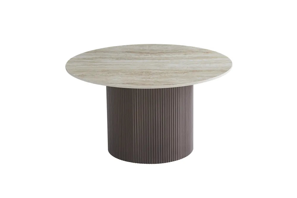 Table Basse Famous Pied Effet Noyer Plateau Céramique Travertin Brillant 80Cm