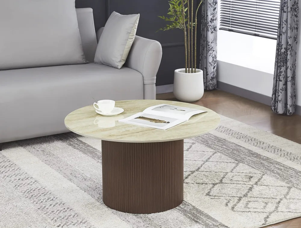 Table Basse Famous Pied Effet Noyer Plateau Céramique Travertin Brillant 80Cm
