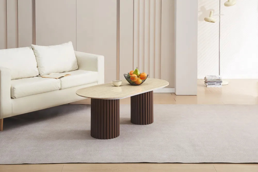 Table Basse Keysha Pied Effet Noyer Céramique Travertin Brillant 120X60X45Cm