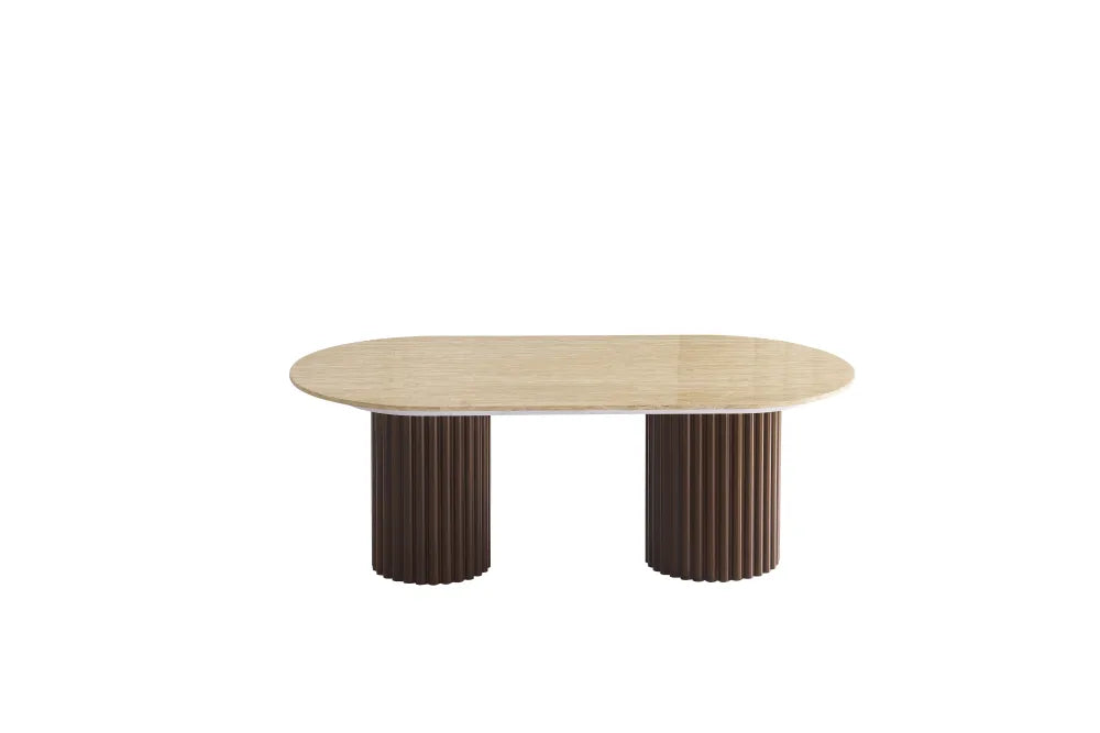 Table Basse Keysha Pied Effet Noyer Céramique Travertin Brillant 120X60X45Cm
