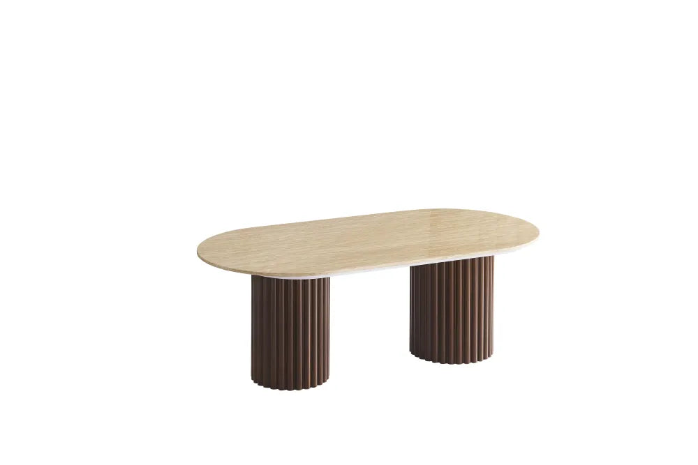 Table Basse Keysha Pied Effet Noyer Céramique Travertin Brillant 120X60X45Cm