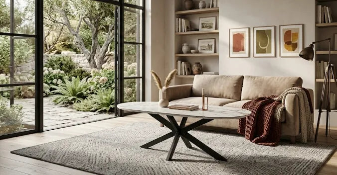 Table Basse Manon Pied métal Noir Plateau Céramique Marbre Blanc 120X60Cm