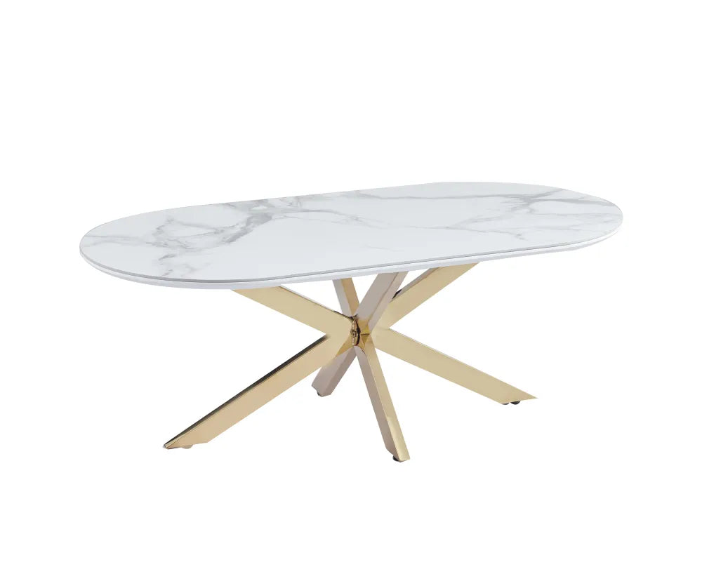 Table Basse Manon Pied doré Plateau Céramique Marbre Blanc 120X60Cm