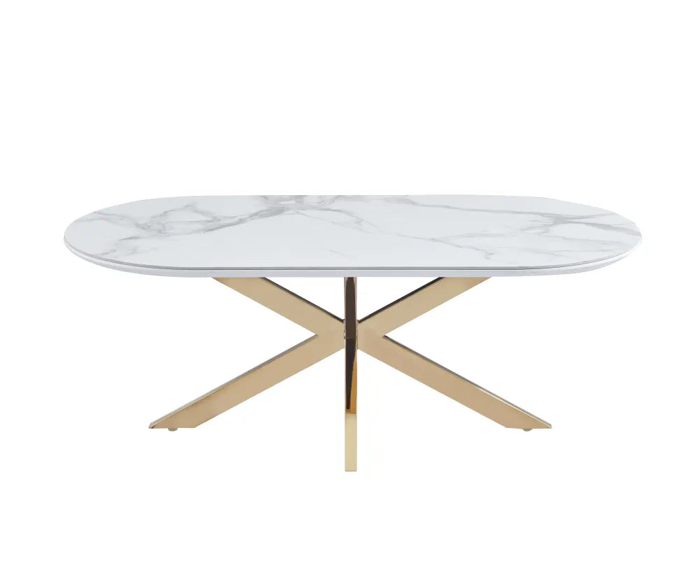 Table Basse Manon Pied doré Plateau Céramique Marbre Blanc 120X60Cm