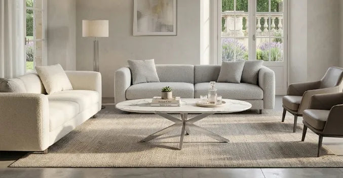 Table Basse Manon Pied chromé Plateau Céramique Marbre Blanc 120X60Cm