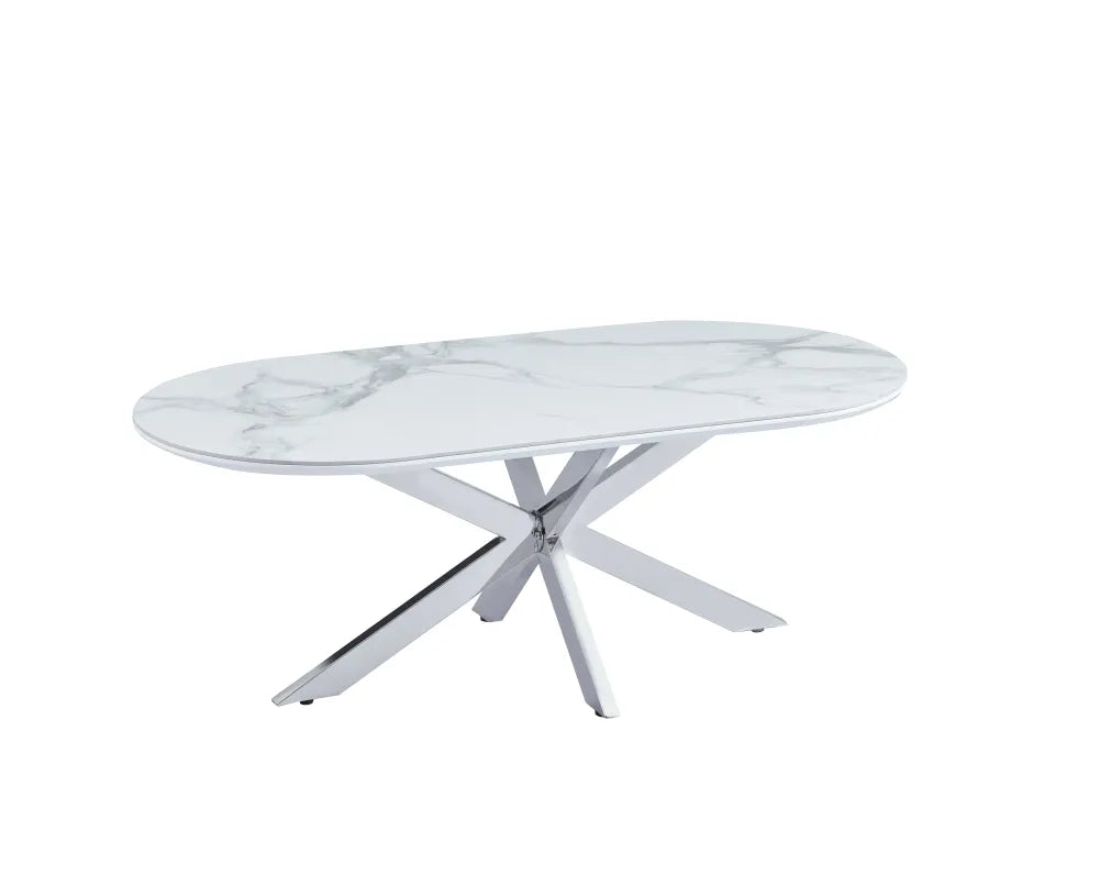 Table Basse Manon Pied chromé Plateau Céramique Marbre Blanc 120X60Cm