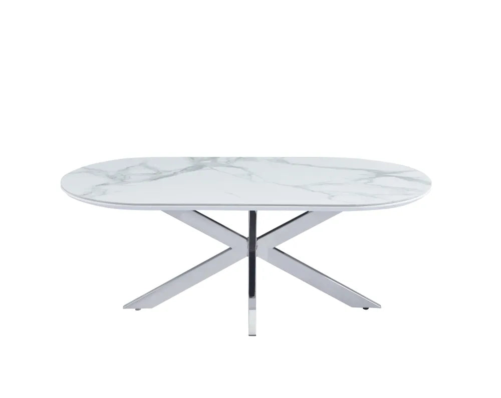 Table Basse Manon Pied chromé Plateau Céramique Marbre Blanc 120X60Cm