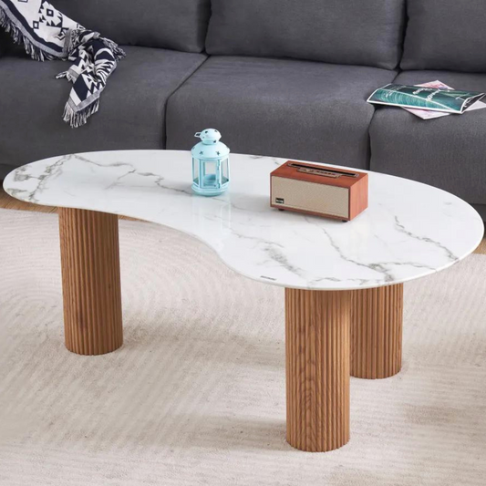 Table basse pylone marbre blanc pieds en chêne