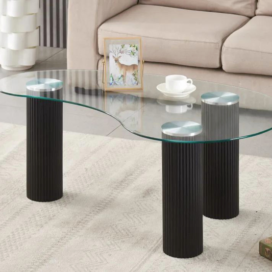 Table basse pylone verre transparent pieds noir