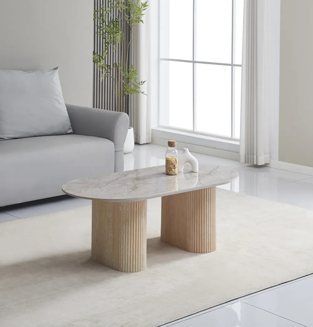 Table Basse Roxy Pied Travertin Céramique Shakespeare Gris 120X60Cm