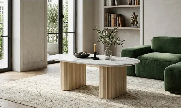Table Basse Roxy Pied Effet Travertin Céramique Marbre Blanc 120X60X45Cm