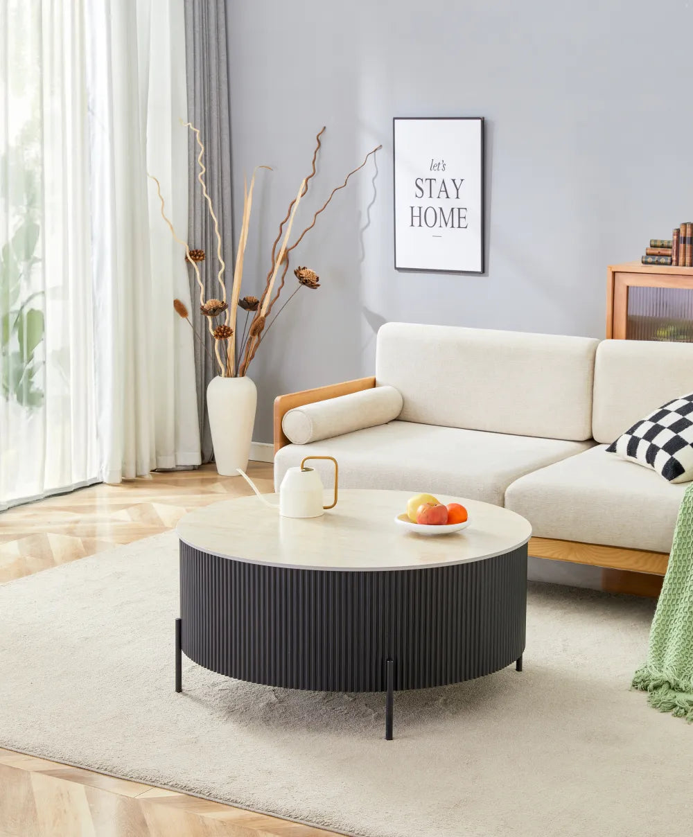 Table Basse Ruby Pied Noir Céramique Effet Travertin Mat 80Cm