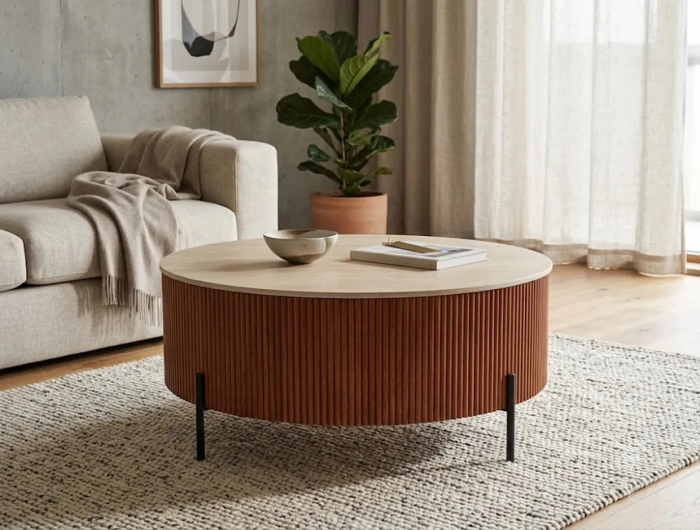 Table Basse Ruby Pied Effet Noisette Céramique Effet Travertin Mat 100Cm