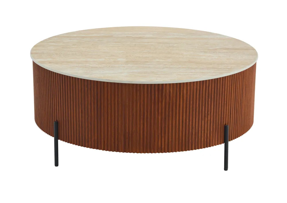 Table Basse Ruby Pied Effet Noisette Céramique Effet Travertin Mat 80Cm