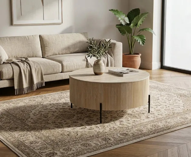 Table Basse Ruby Pied Effet Travertin Céramique Effet Travertin Mat 80Cm