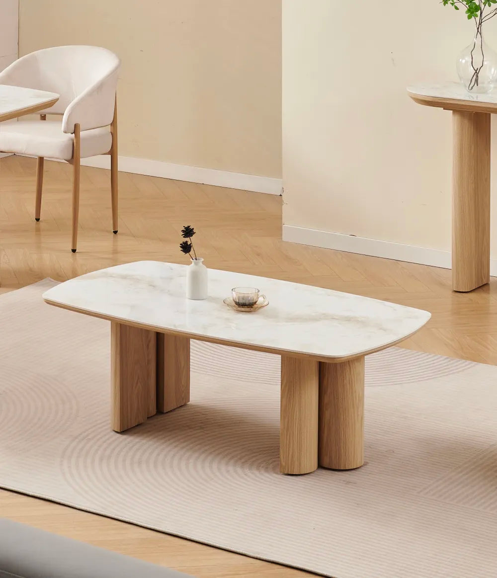 Table Basse Trinity Céramique Effet Marbre Beige & Hêtre 120 cm