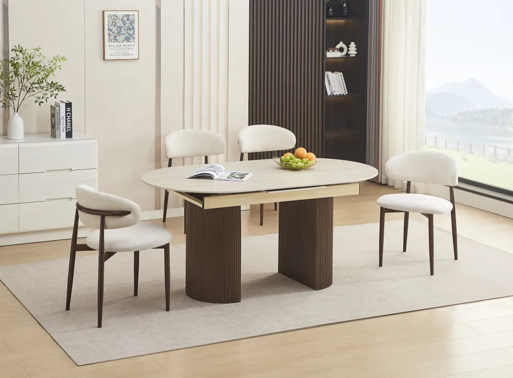 Table Extensible Sahara Pied Effet Noyer Plateau Céramique Travertin Mat 160/200X90X75Cm