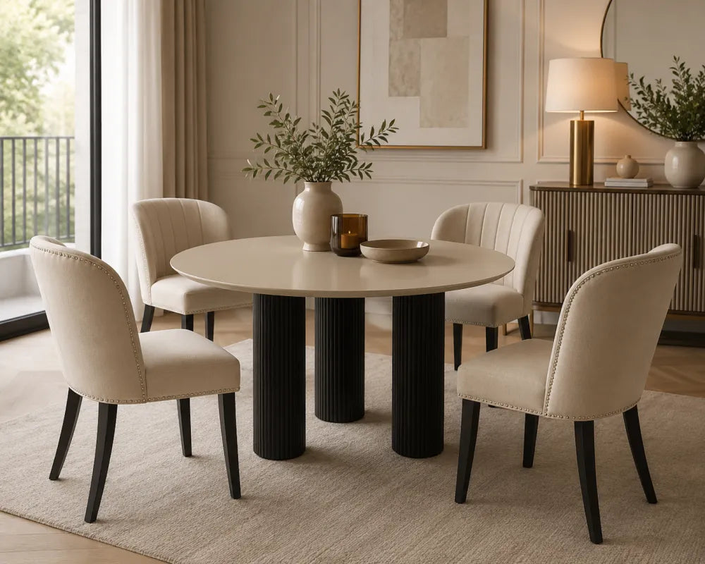 Table Repas Anaïs Pieds Noir Plateau Céramique Beige Brillant 120Cm