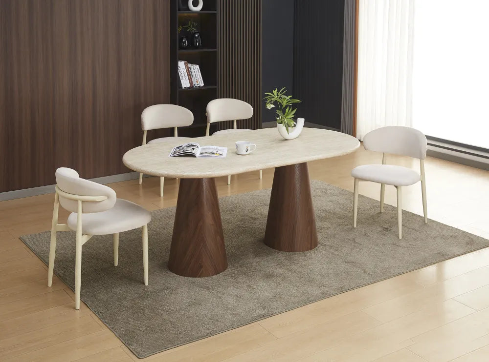 Table Repas Corne Pied Mdf Effet Noyer Plateau Effet Travertin 180X90X75Cm