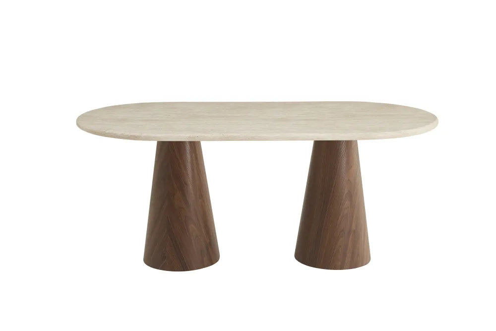 Table Repas Corne Pied Mdf Effet Noyer Plateau Effet Travertin 180X90X75Cm