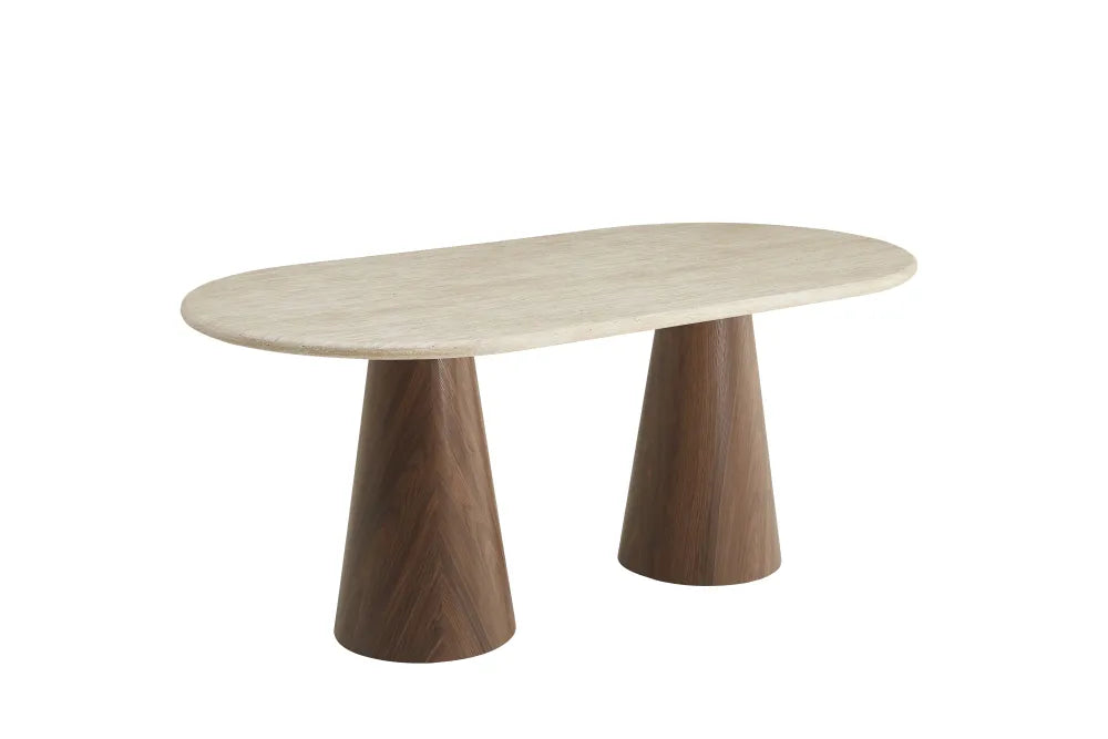 Table Repas Corne Pied Mdf Effet Noyer Plateau Effet Travertin 180X90X75Cm