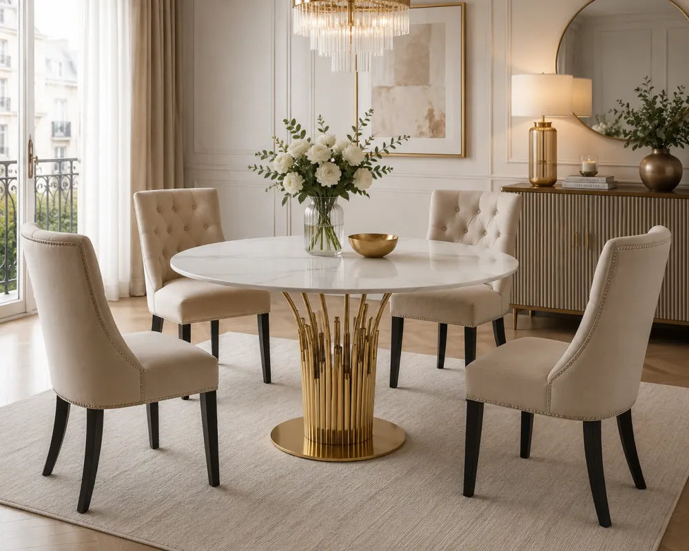 Table Repas Flute doré Marbre Blanc