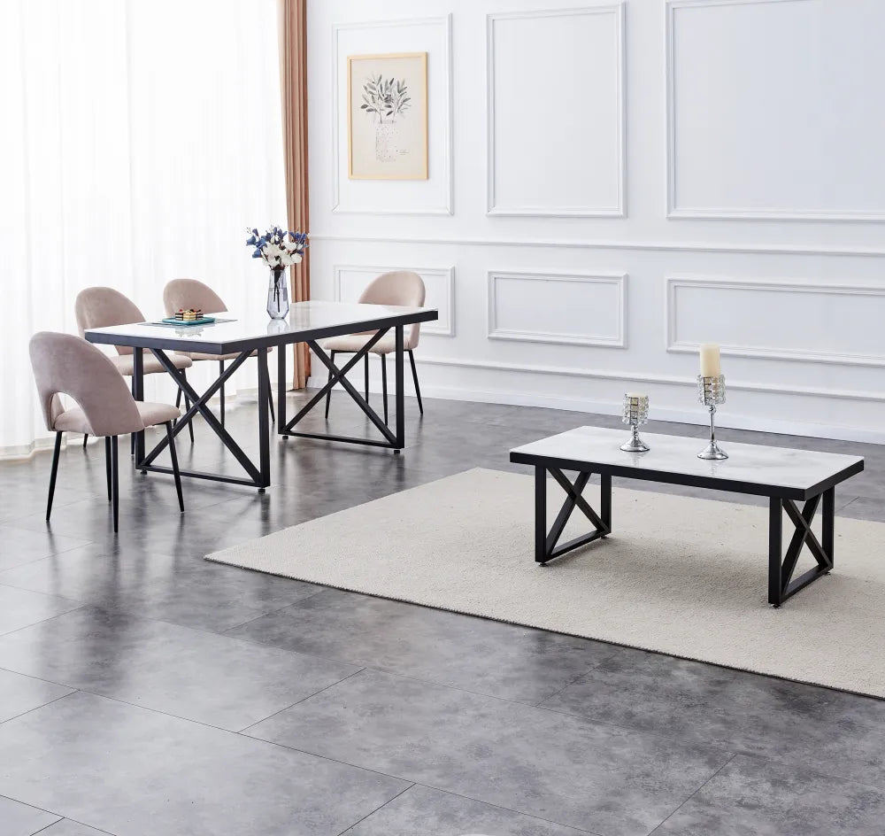 Table Repas Levanto métal Noir Marbre Beige 180X90X75 Cm